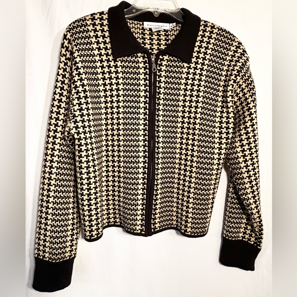 WOMENS MEDIUM WOOL BLEND HOUNDSTOOTH COLLARED ZIP FRONT LONG SLV SWEATER JACKET